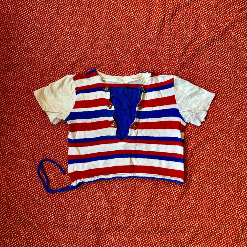 Vintage 60s Red White Blue Striped Crop Top Snap Front Short Sleeve Tee